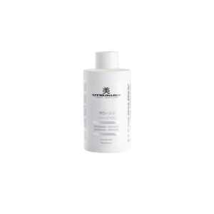 White bottle of ExoHair Shampoo on a white background with labeling visible (Sulfate Free, exosomes and peptides).