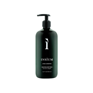 Dark green pump bottle of Insium Smoothing Body Wash (Citrus & Osmanthus), 500 ml, against a black background